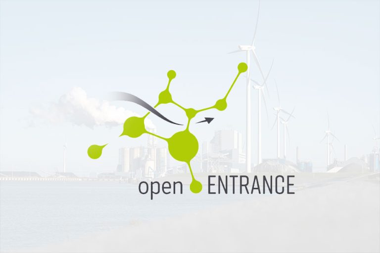 Open ENTRANCE logo, on a background showing a coal power plant and some wind turbines.